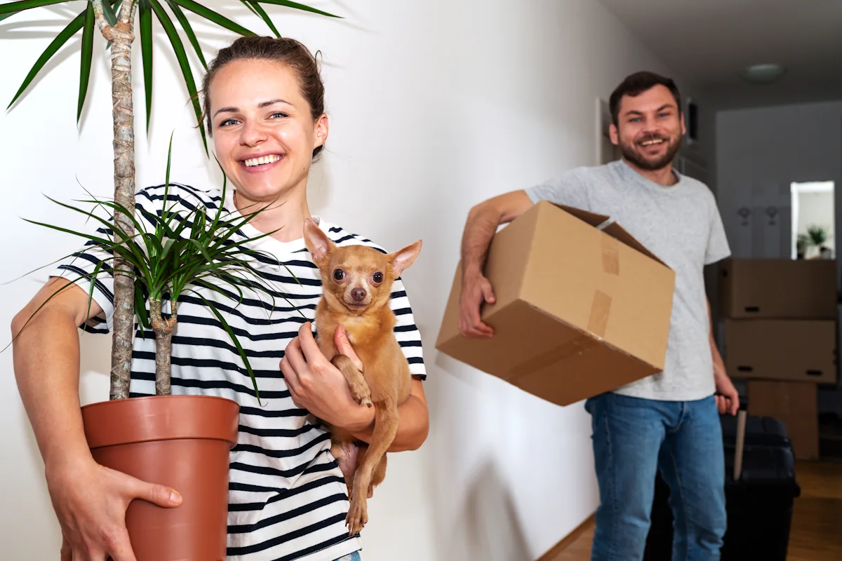 Un couple et un chien qui déménagent