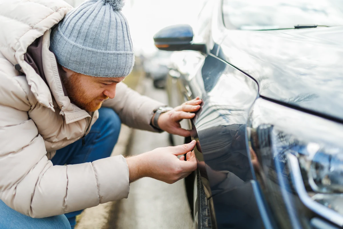 Un homme qui regarde une rayure sur voiture de location
